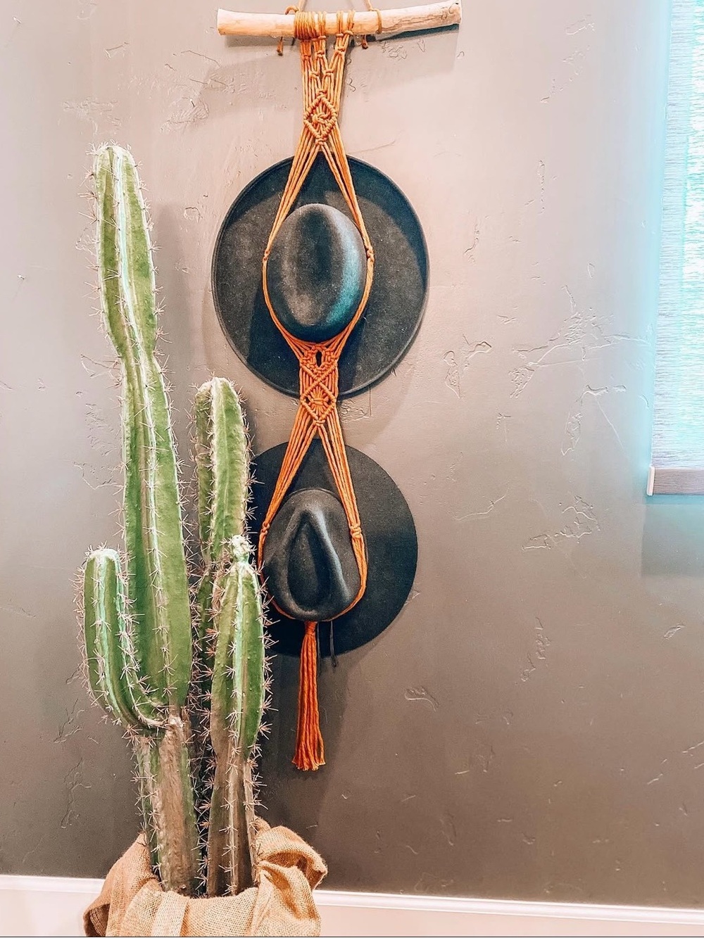 Handmade Rust Brown Macramé hat Hanger with Driftwood
